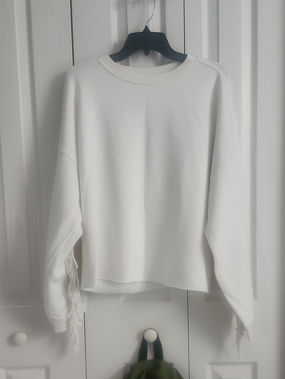 aerie White Fringe-Sleeve Crewneck Sweatshirt